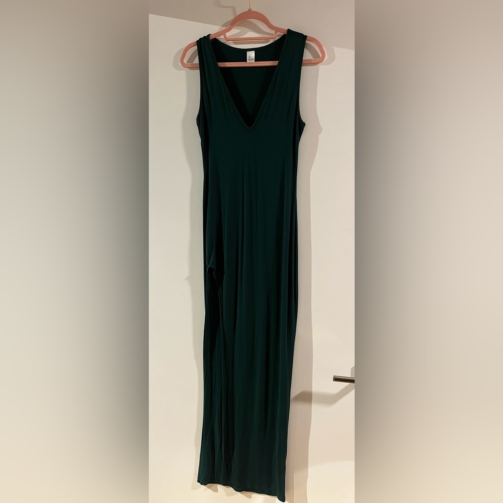 Emerald green jersey floor length dress with front slit
